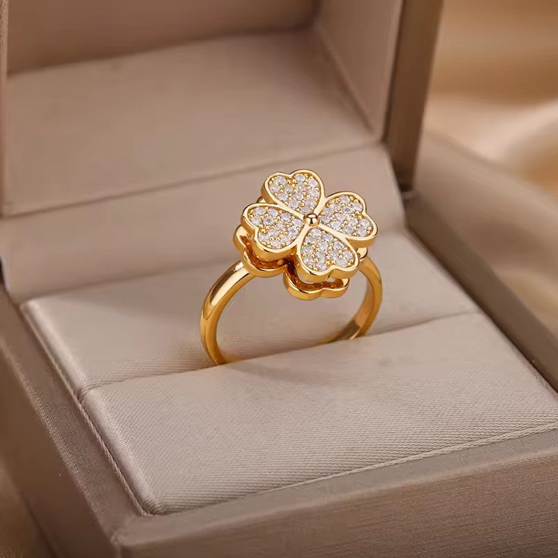 Zircon Rotatable Four Leaf Clover Rings