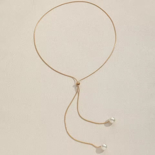 Simple Faux Pearl Pendant Adjustable Long Sweater Chain Necklace